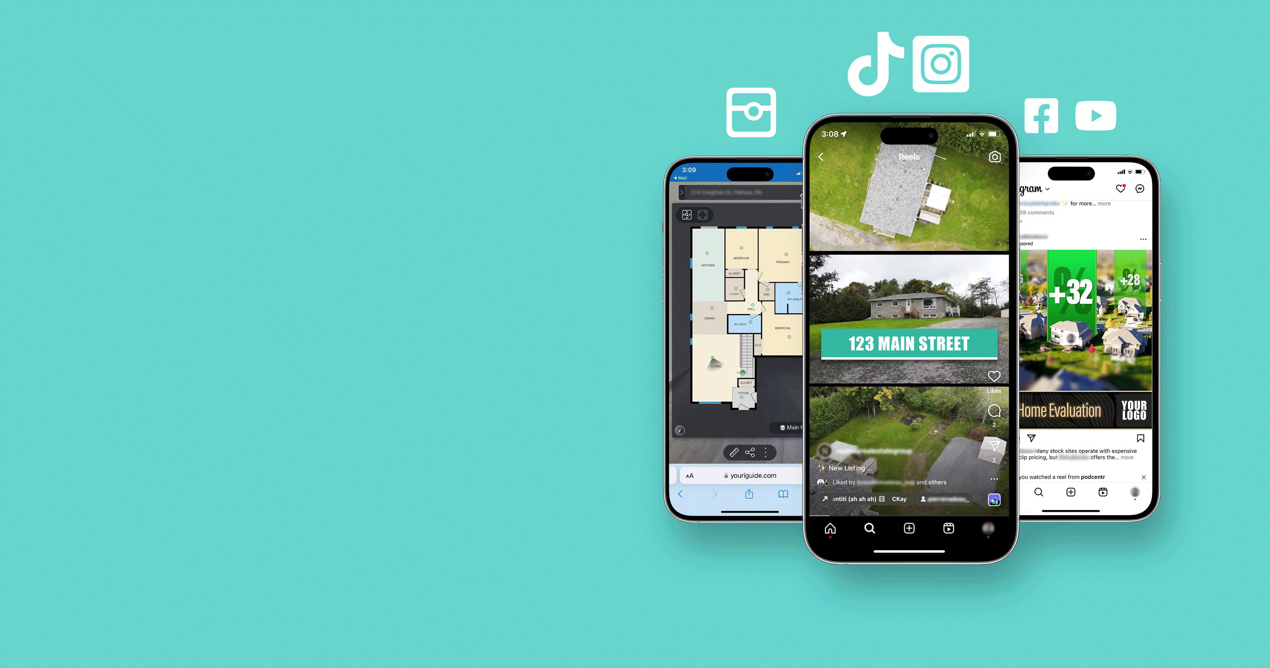 3 Phones displaying different media. From left to right is iguide floor plans, video tour and facebook ad.