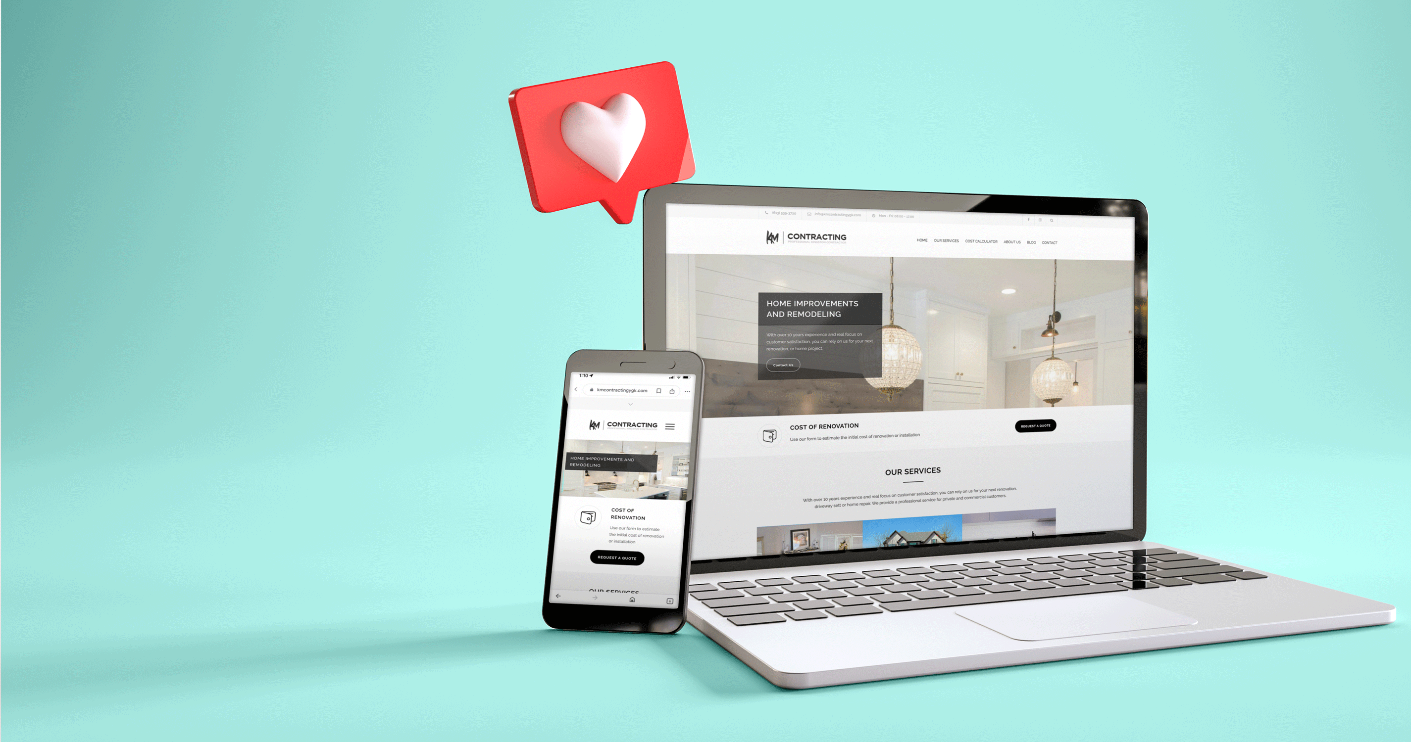 Mobile Phone and Laptop displaying contractor website. Demonstrating responsive website design.