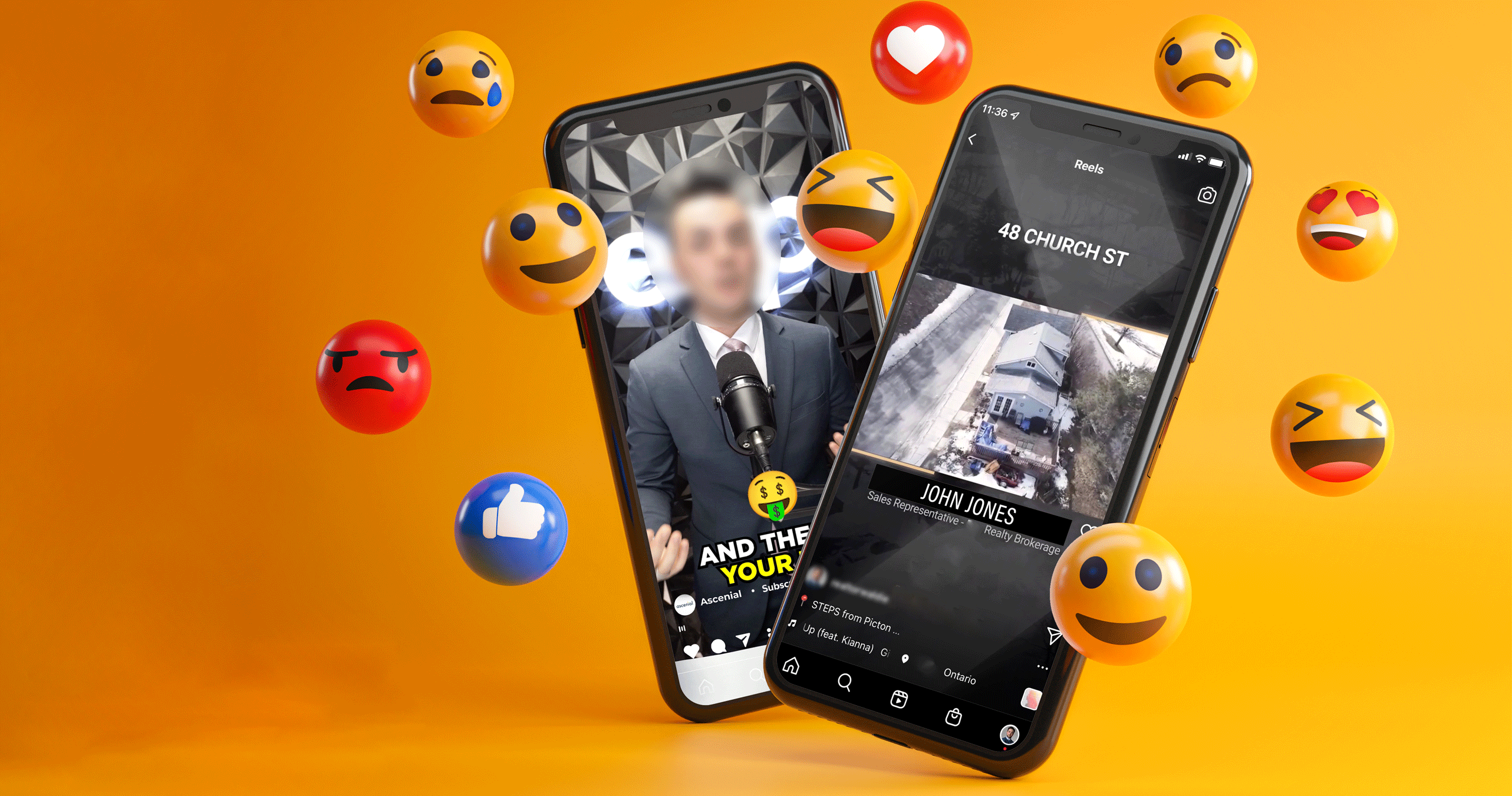 Two phones displaying instagram Reels with emoticons floating around the phones.